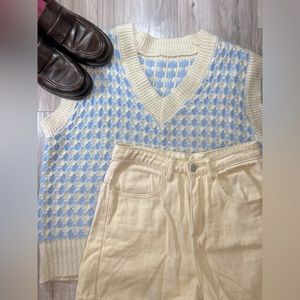 Hand knit blue and white sweater vest
